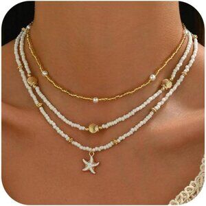14K Gold Plated Boho Starfish Necklace Set - Adjustable Summer Beach Jewelry